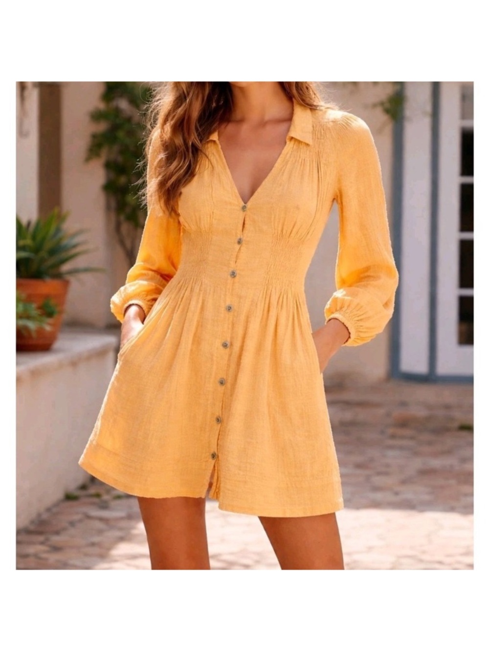 Free People Liesel Mini Dress Womens Size S Yellow Gold Cotton Pockets
